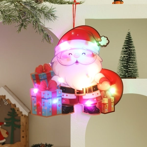 Close-up of LED Santa Claus ornament with colorful gift boxes and festive hanging lights