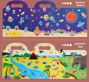 Educational tri-fold sticker books with Space Exploration and Jurassic Dinosaur themes