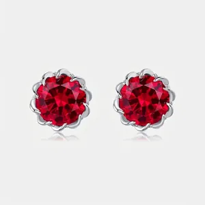 Flower Shape Stud Earrings With Cultivated Red Ruby White Zirconia And 925 Sterling Silver Earring Post
