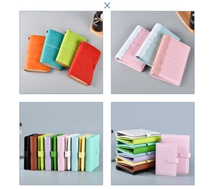 Macro detail of various colorful Macaron PU leather binder notebooks with magnetic closures