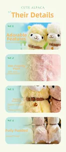 Detail of plush alpaca toys featuring soft fur, leather collars, and golden bells