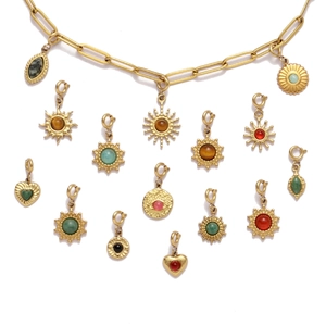 Golden stainless steel necklace set with heart and sun pendants featuring natural stones