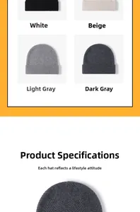 Detail view of winter knitted beanies in white, beige, light gray, and dark gray colors