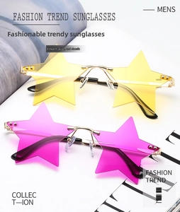 Detail of star-shaped rimless sunglasses with metal bridge and silver rivet accents