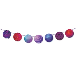 Detailed view of colorful cartoon planet hanging swirls for outer space birthday party