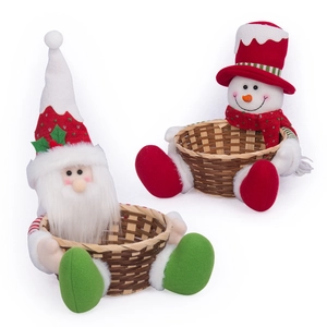 Christmas candy basket set featuring plush Santa and Snowman figures with woven bamboo bases