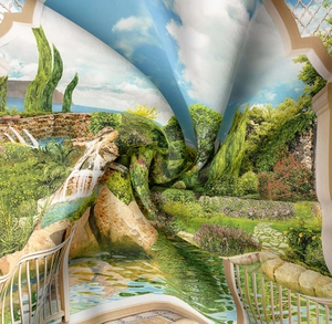 Detailed close-up of landscape print fabric showing fine woven texture and vibrant nature scenery