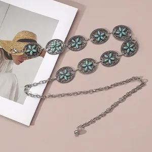 Bohemian silver metal waist chain with turquoise stones and floral hollow oval links