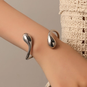 Minimalist double teardrop open bangle in polished stainless steel for women fashion