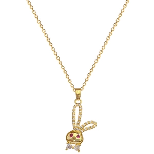 Gold rabbit necklace with red eyes and clear crystals on a minimalist link chain