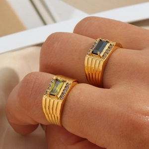 18K gold plated stainless steel rings with emerald and black rectangle gemstones