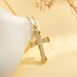 Gold plated cross heart pendant necklace with white zircon pavé on a minimalist chain