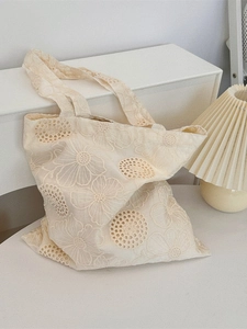 French style floral embroidery canvas tote bag in creamy white with hollowed out texture