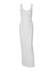 Elegant white sleeveless maxi dress with corset-style waist and slim-fit long skirt
