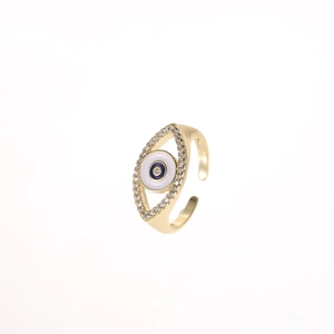 Adjustable gold open ring featuring a blue evil eye design with sparkling crystals