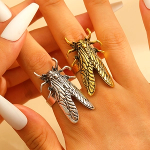 Gothic style cicada insect open ring in gold and silver finish with detailed wings