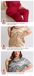 Details of satin pajama set featuring V-neck design and high elastic waistband in three colors