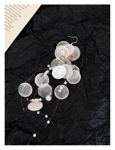 Detail of round shell pearl tassel earrings with translucent sequins and gold beads
