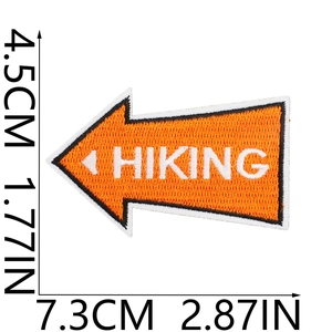 Detailed view of hiking arrow embroidery patch with dimensions and precise stitching