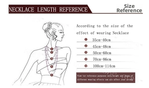 Size chart showing hip hop necklace lengths from 35cm to 114cm on human silhouette