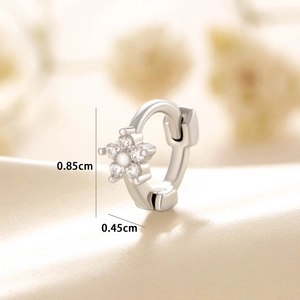 Minimalist flower huggie earrings with cubic zirconia, size 0.85cm by 0.45cm