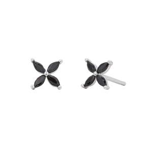 Detailed close-up of 925 sterling silver flower stud earrings with black marquise stones