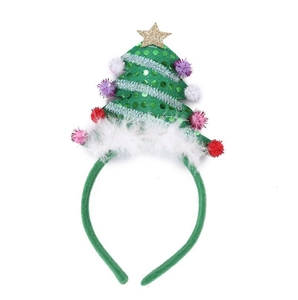 Detail of Christmas tree headband with green sequins, plush balls and golden star topper