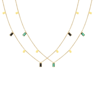 Rectangle zircon pendant necklace with gold chain in black and dark green stones