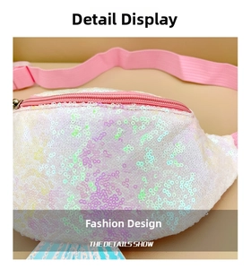 Detailed macro view of mermaid iridescent sequins and pink adjustable strap on waist bag