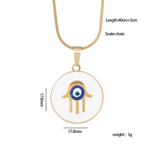 Golden Hamsa Hand Evil Eye pendant on snake chain with detailed product dimensions