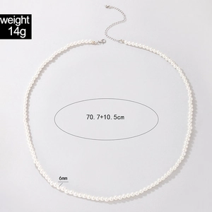 Detail of 6mm pearl necklace showing 70.7cm length, extension chain, and lobster clasp