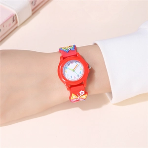 Detail of red silicone kids watch strap with 3D colorful butterfly and flower relief