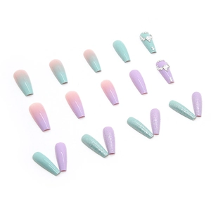 Press-on nails in pink to mint green and purple gradients with crystals and glitter