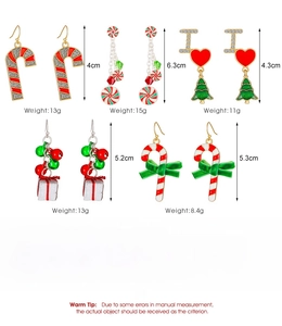 Detailed size and weight chart for Christmas alloy earrings with candy cane and bell designs