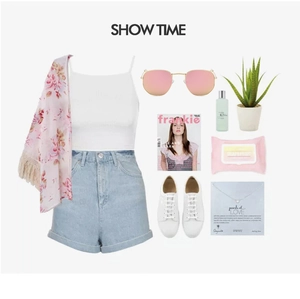 Flat lay of retro square pink mirrored sunglasses with summer fashion outfit set