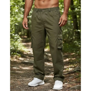 Army green straight-leg cargo pants for men with multi-pockets for outdoor hiking style