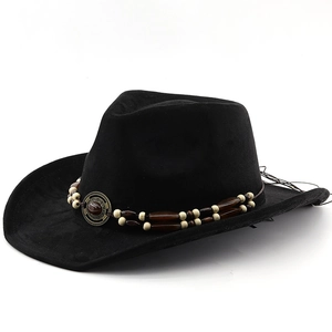 Chapeau de cowboy classique en feutre noir avec ruban perlé et ornement vintage
