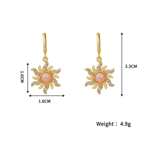 Retro gold sun earrings with opal pendants and zircon detailing, size 3.3cm by 1.6cm