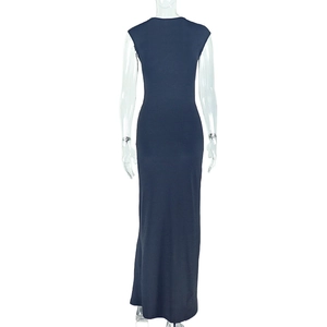 Rear view of sleek navy blue sleeveless dress with slim fit and ruched detail