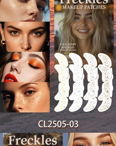 Detail of 8-piece gold and silver glitter freckle face stickers with stars for makeup