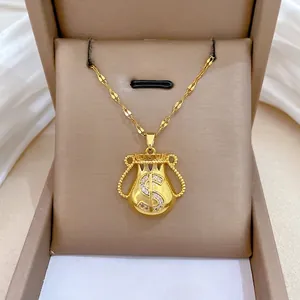 Gold Money Bag Pendant Necklace Stainless Steel Copper Cubic Zirconia Sparkling Dollar Sign Elegant Vintage Women Jewelry