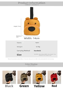 Detailed size specifications and multi-color options for cartoon bear nylon handbags
