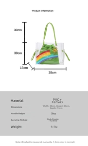 Detailed size specifications for the clear PVC tote bag with green canvas inner pouch