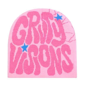 Pink knit beanie with GRIMY VISIONS lettering and blue star pattern in Y2K street style