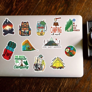 50pcs waterproof outdoor camping graffiti stickers on laptop with tent and mountain designs