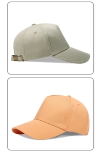 Close-up of cotton twill baseball caps in mint green and peach with metal buckles