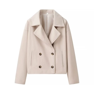 Short double-breasted beige wool jacket for women with lapel collar and pocket detail