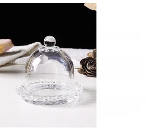 Detail of lead-free crystal glass cake dome with elegant beaded edge tray for desserts