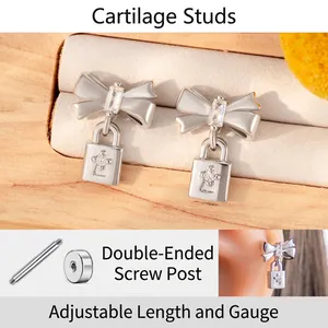 Titanium Steel Bowknot Lock Pendant Cartilage Stud Earrings With Zircon Double Head Screw Back Piercing Jewelry For Women