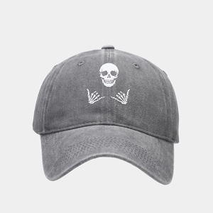 Vintage washed grey baseball cap with skull and skeletal hands graphic print